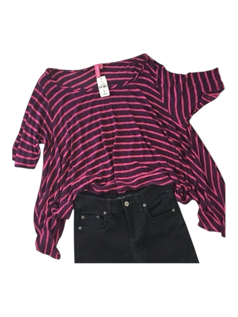 new LF Emma & Sam ᯾ Oversized Stripe Hi Lo Handkerchief Hem Tee ᯾ T Shirt Top XS - Picture 13 of 16